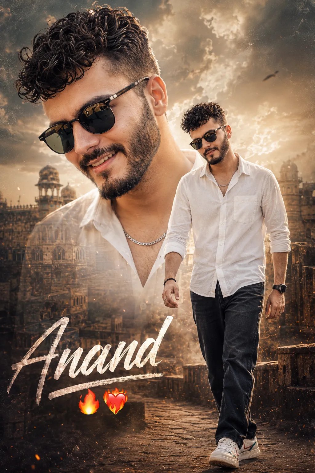 A cinematic 4:6, multi-exposure poster design featur- ing a young South Indian 18 year old man as uploaded image wearing dark sunglasses, a