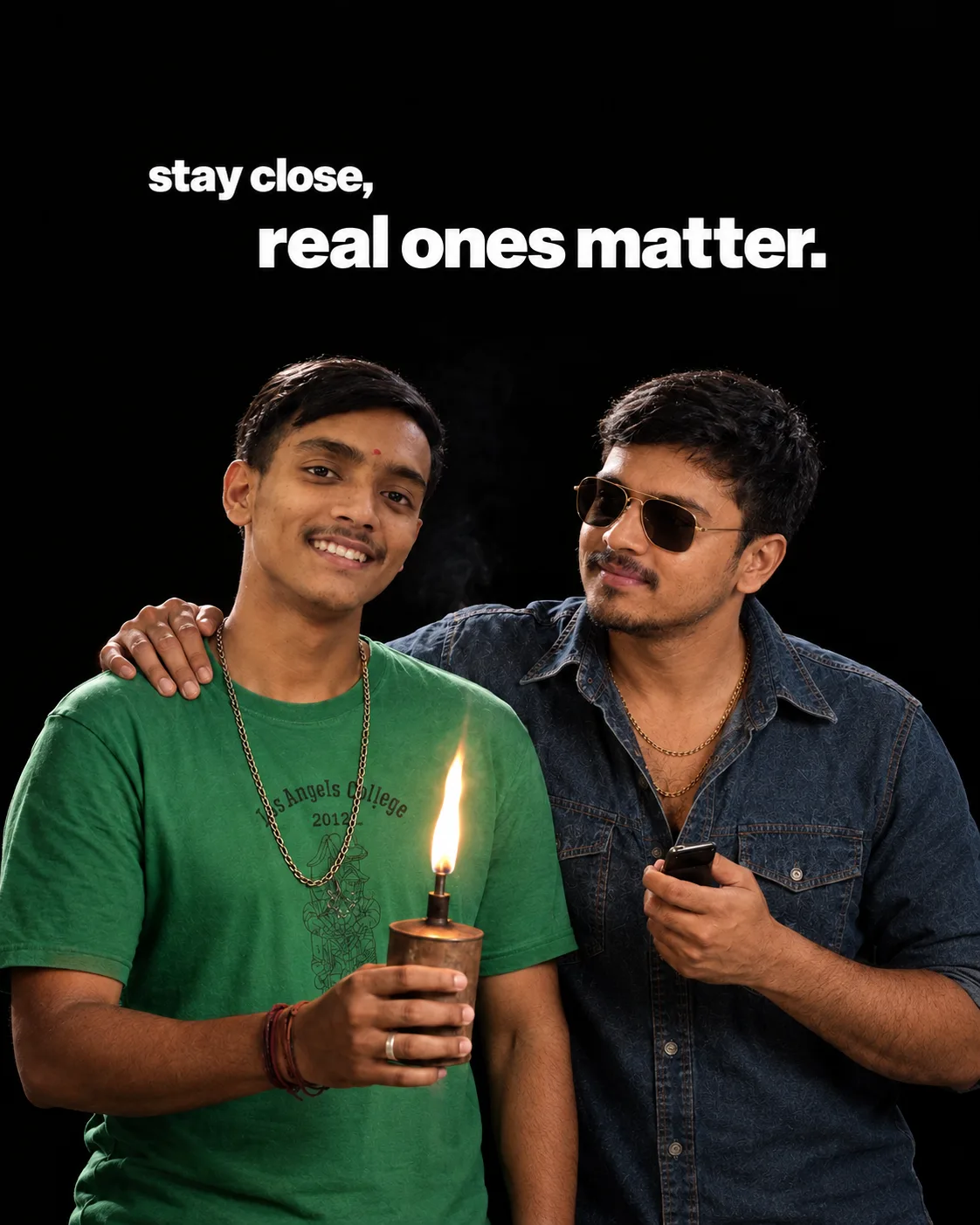 Create an ultra-realistic, emotional friendship portrait of two young South Asian men standing closely together against a deep black studio