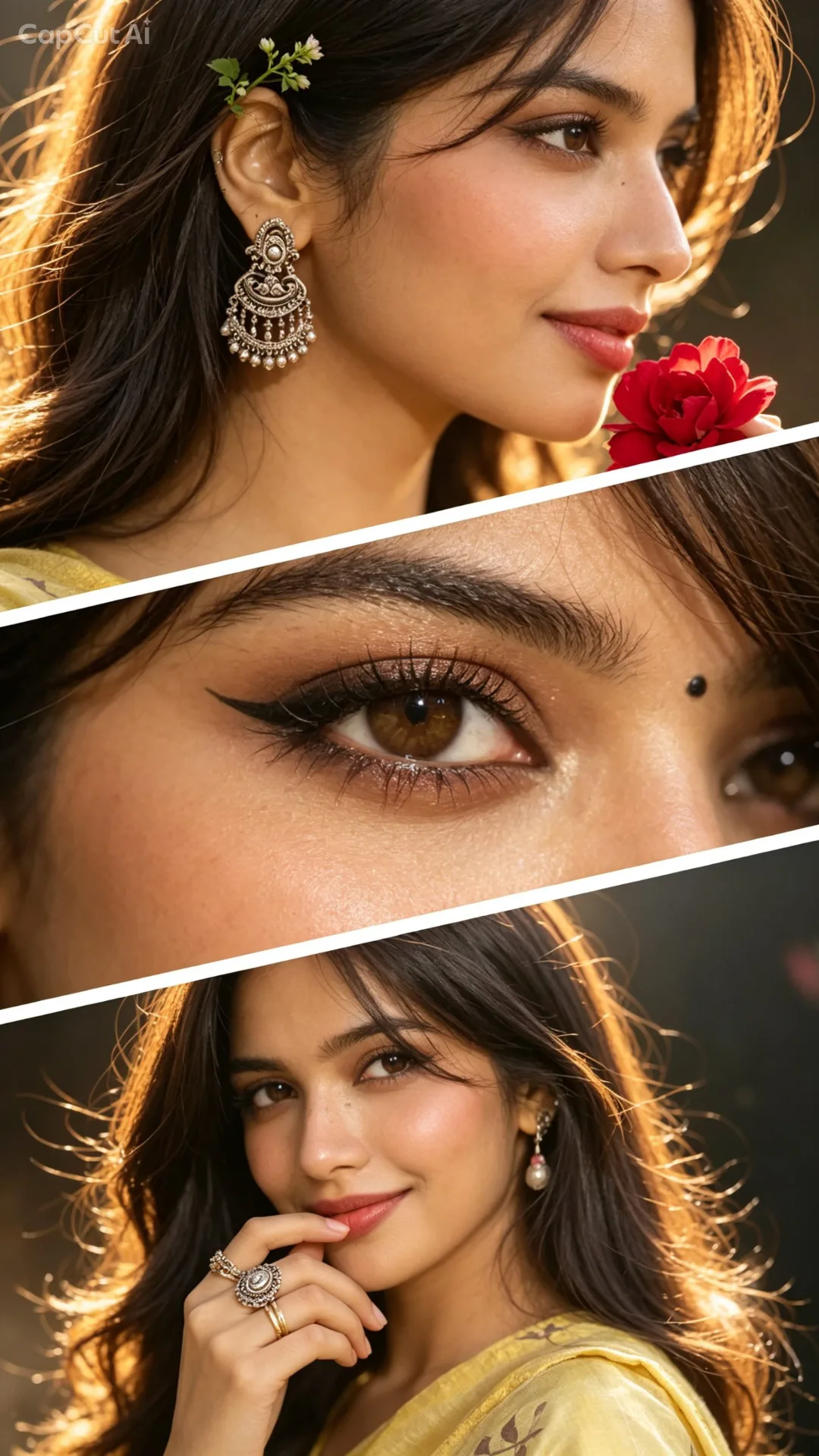 Prompt ❤️ Ultra-realistic cinematic beauty collage of a young adult South Asian woman, arranged in three stylish diagonal panels with clean