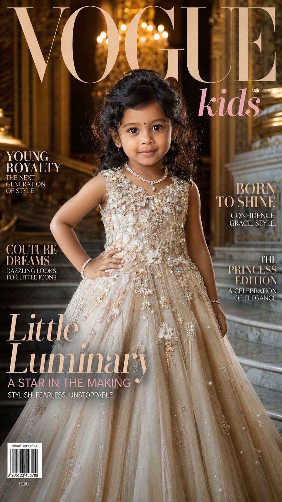 Ultra-realistic Vogue Kids magazine cover featuring an adorable 3-year-old Indian girl with huge sparkling eyes, soft curly black hair,