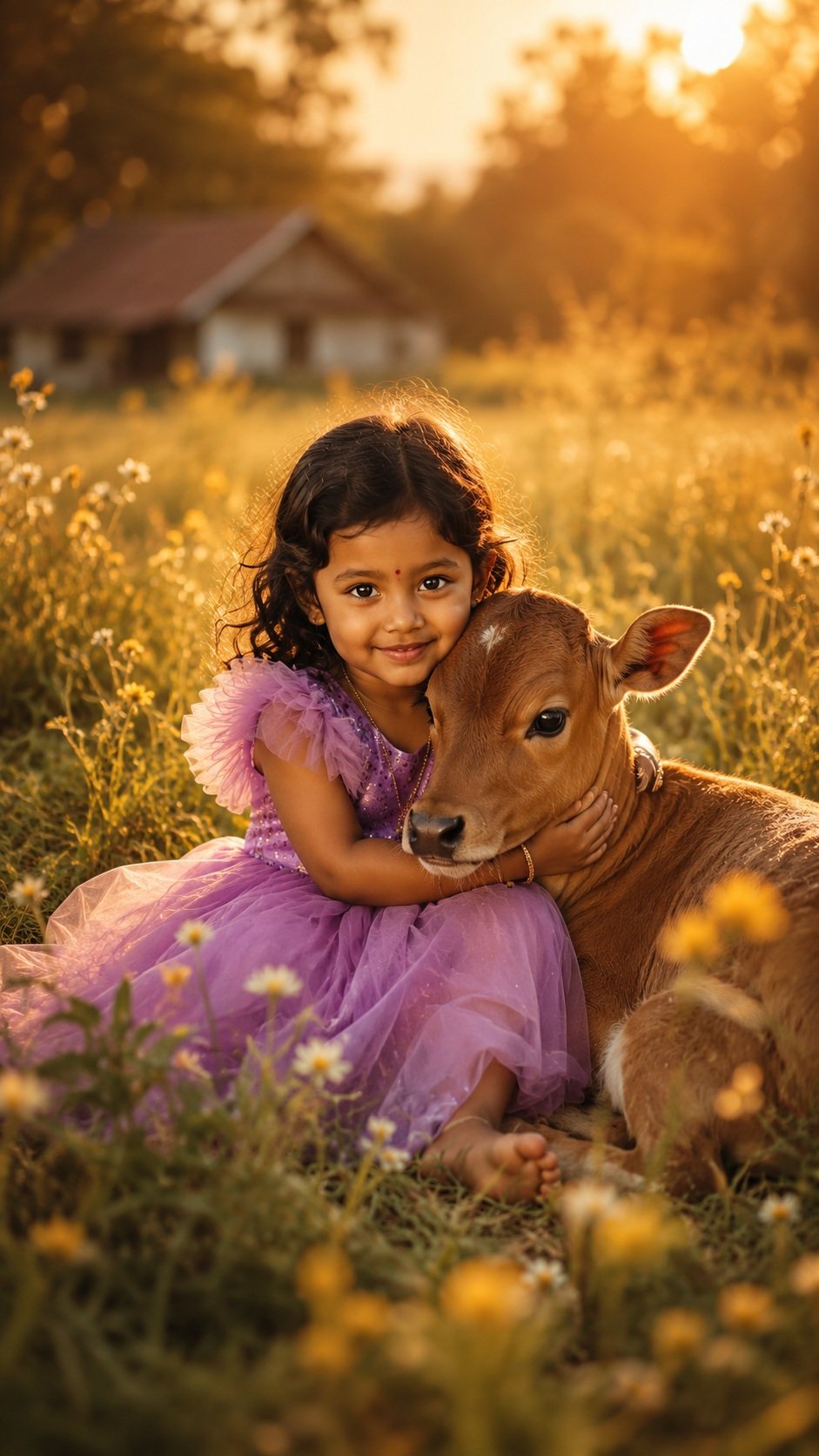 Ultra-realistic golden-hour portrait of the same adorable 3-year-old Indian baby girl with soft curly hair, chubby cheeks, huge sparkling