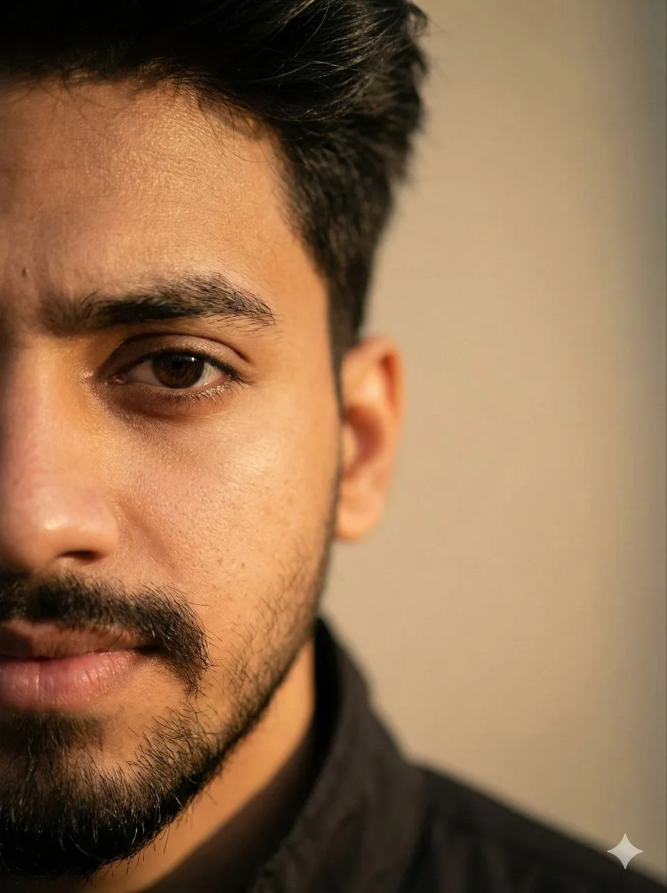 Cinematic close-up portrait of the man from the uploaded photo, using the image as a strict identity lock.