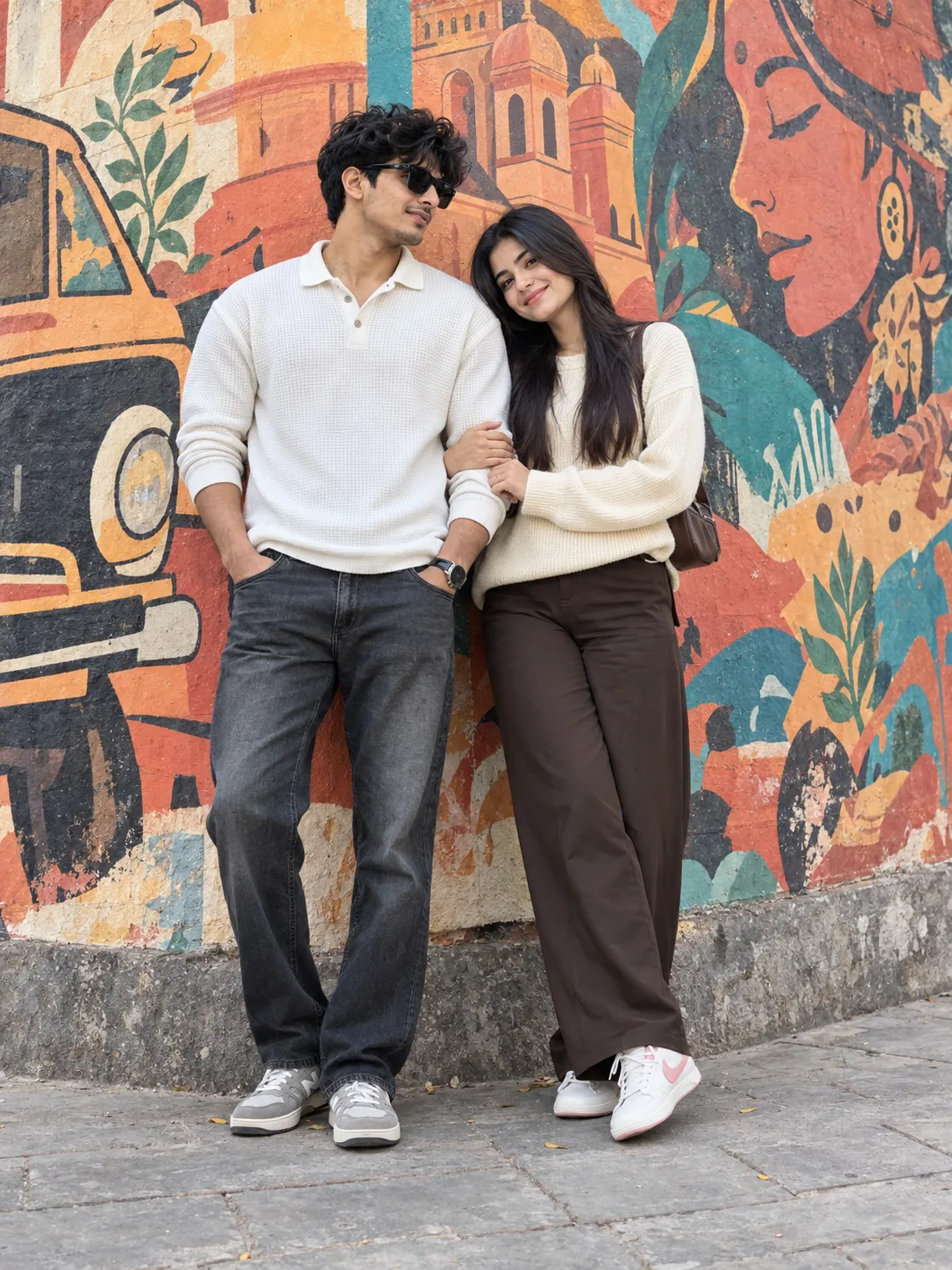 "An ultra-realistic, candid full-body p hoto of a young South Asian couple posing together in front of a vibrant , colorful street art
