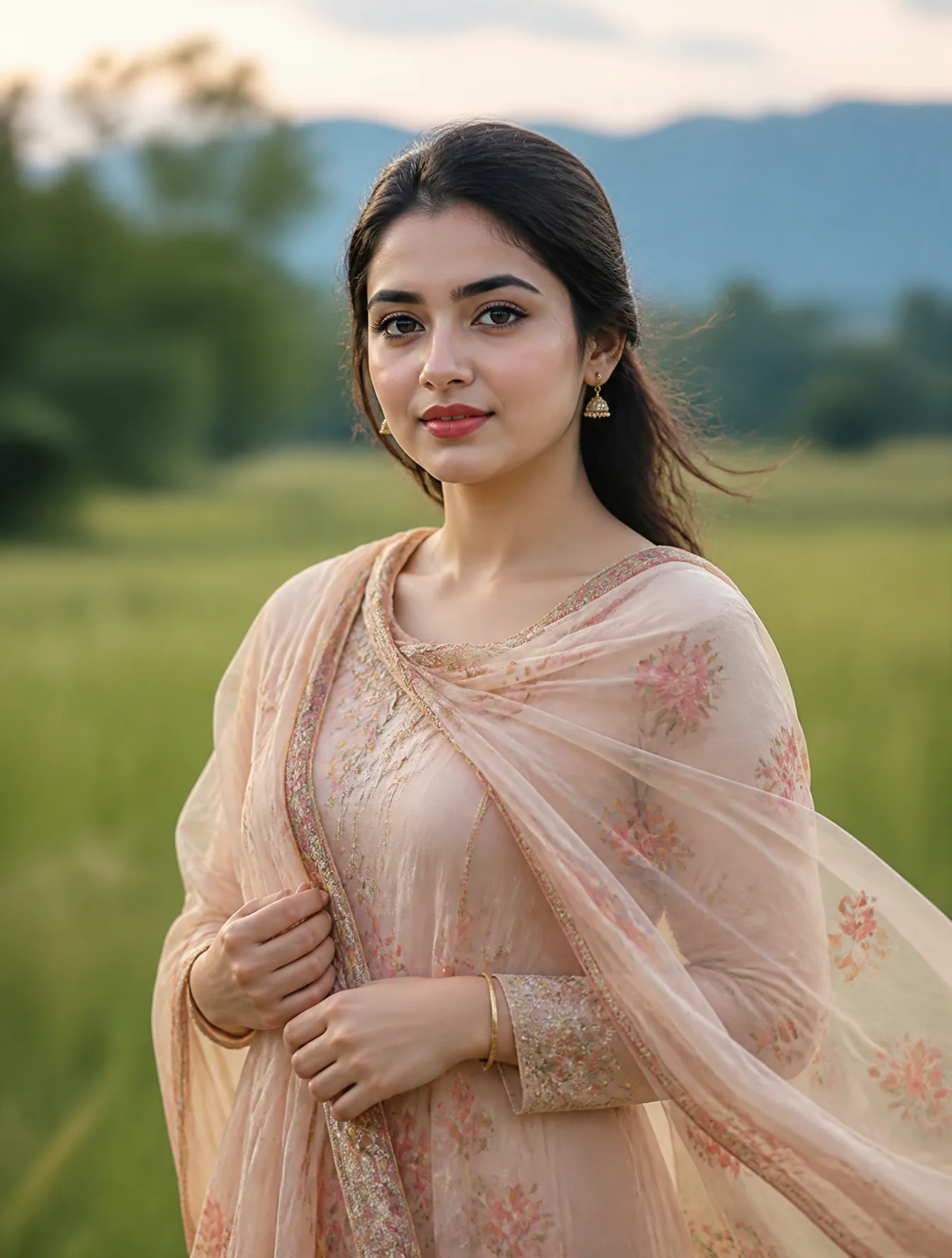 Create an ultra-realistic portrait of a beautiful woman standing gracefully and elegantly in a lush green grassy field.