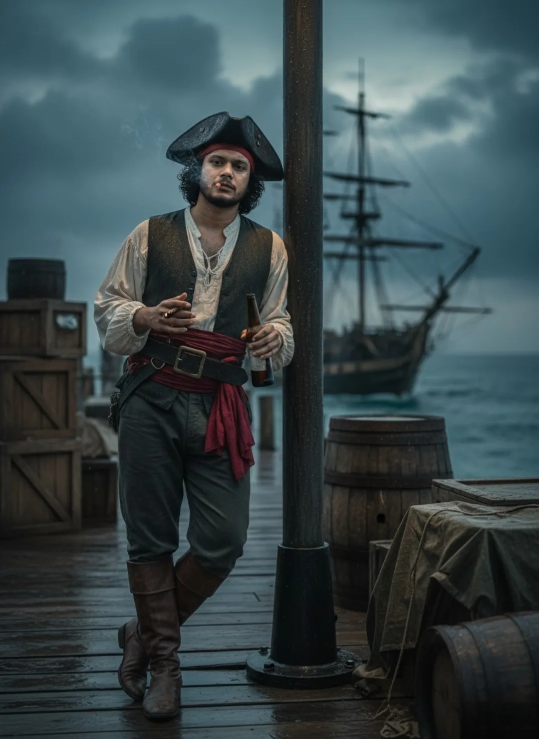 Cinematic, moody portrait of a rugged pirate leaning casually against a wooden post on a rain-slick dock at dusk, early 18th-century