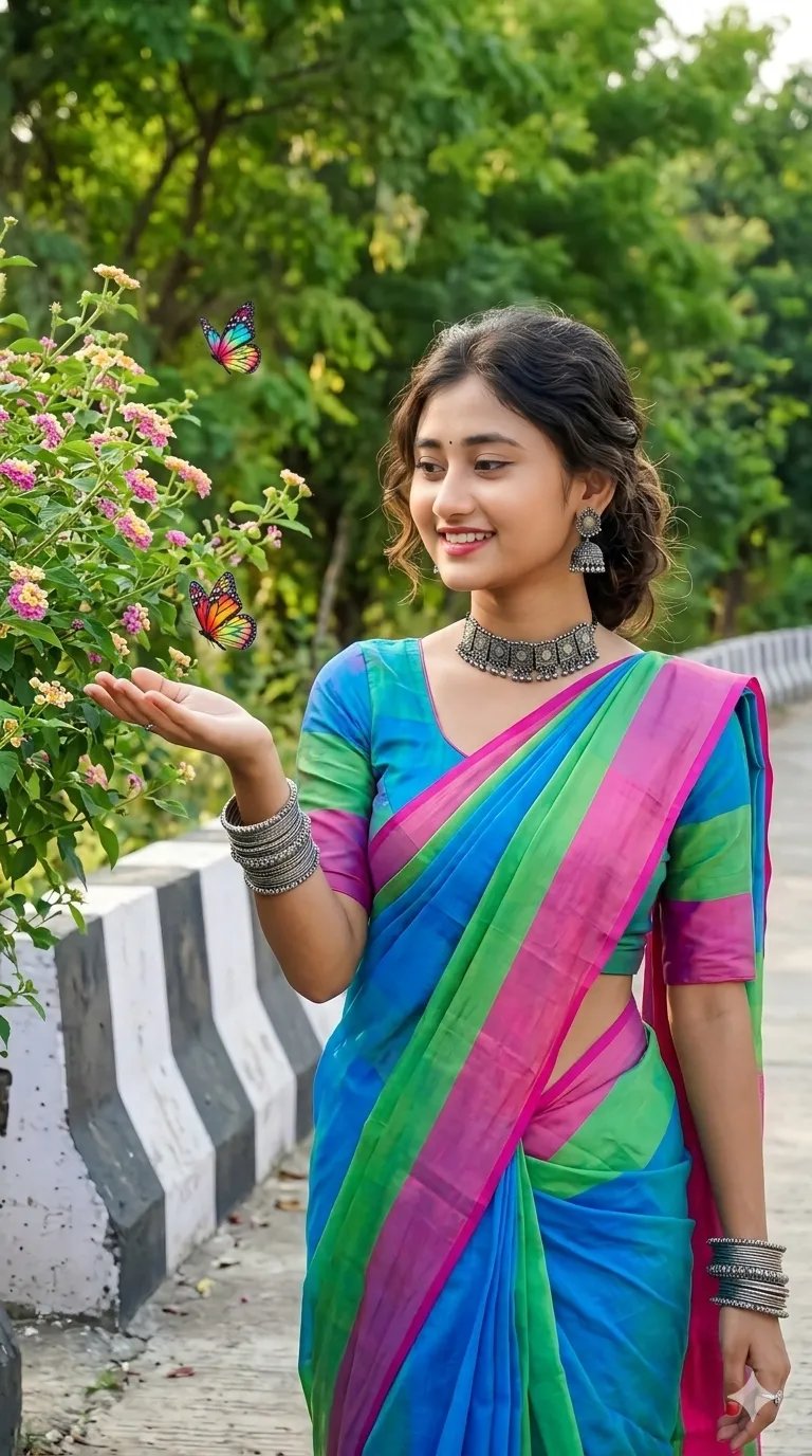 "GENERATE AN ULTRA-REALISTIC 8K PHOTO OF A YOUNG GIRL WEARING A BEAUTIFUL MODERN COLOURFUL SAREE, MATCHING HALF SLEEVE BLOUSE, MODERN