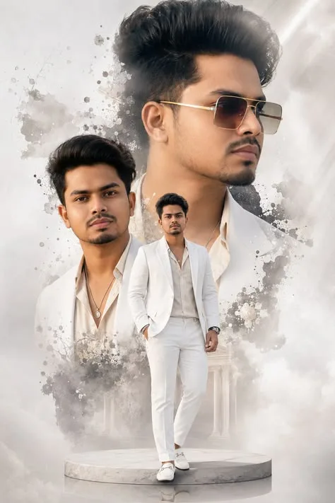 A multiple exposure portrait composition and creative photo collage of the man from the uploaded image.