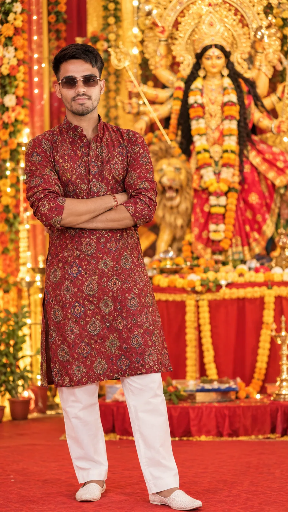 Create a highly realistic full-body portrait of a young Indian man standing in front of a beautifully decorated Durga Puja pandal.