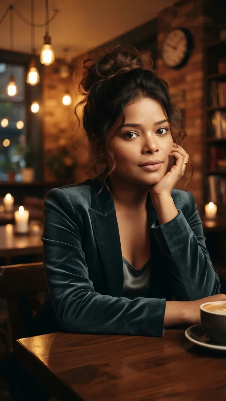 Create an ultra-realistic cinematic editorial portrait of a beautiful young South Asian woman sitting in an elegant, intimate café during