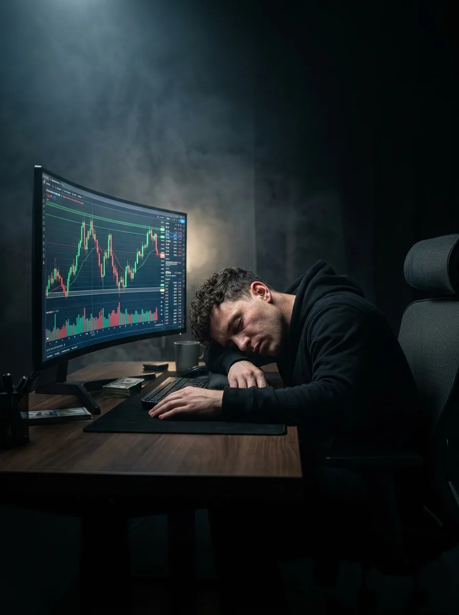A tired male stock trader wearing a black hoodie, sleeping with his head down on a wooden desk.
