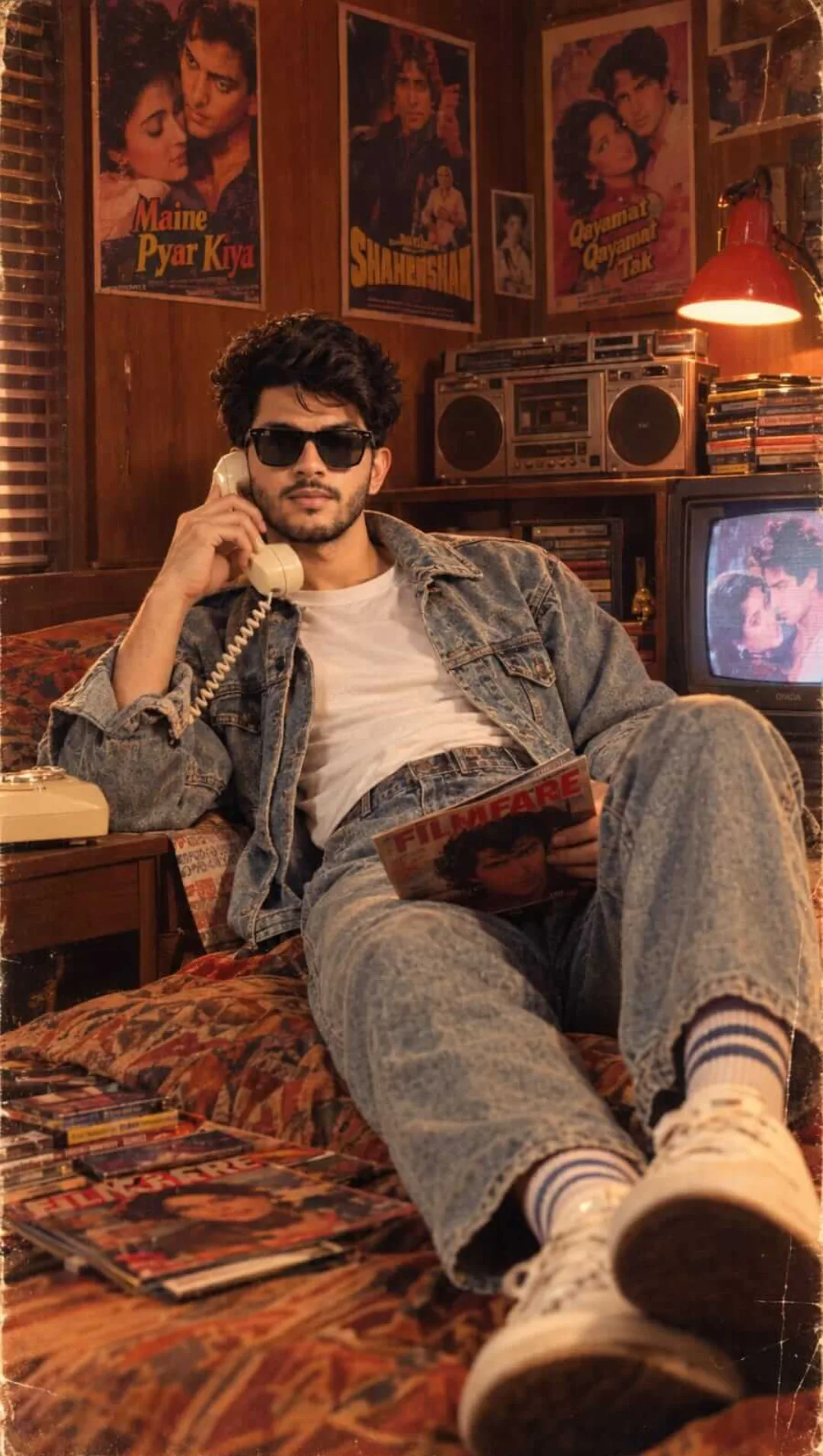 Create an ultra-realistic cinematic photograph inspired by an authentic 1980s Indian Bollywood bedroom.