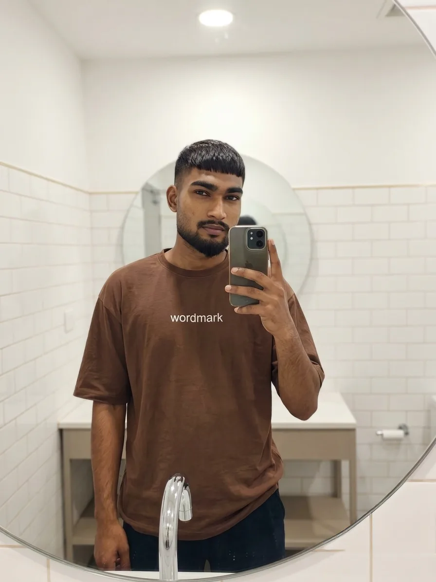 A young man with a square face and light brown skin is taking a selfie in a well-lit bathroom.