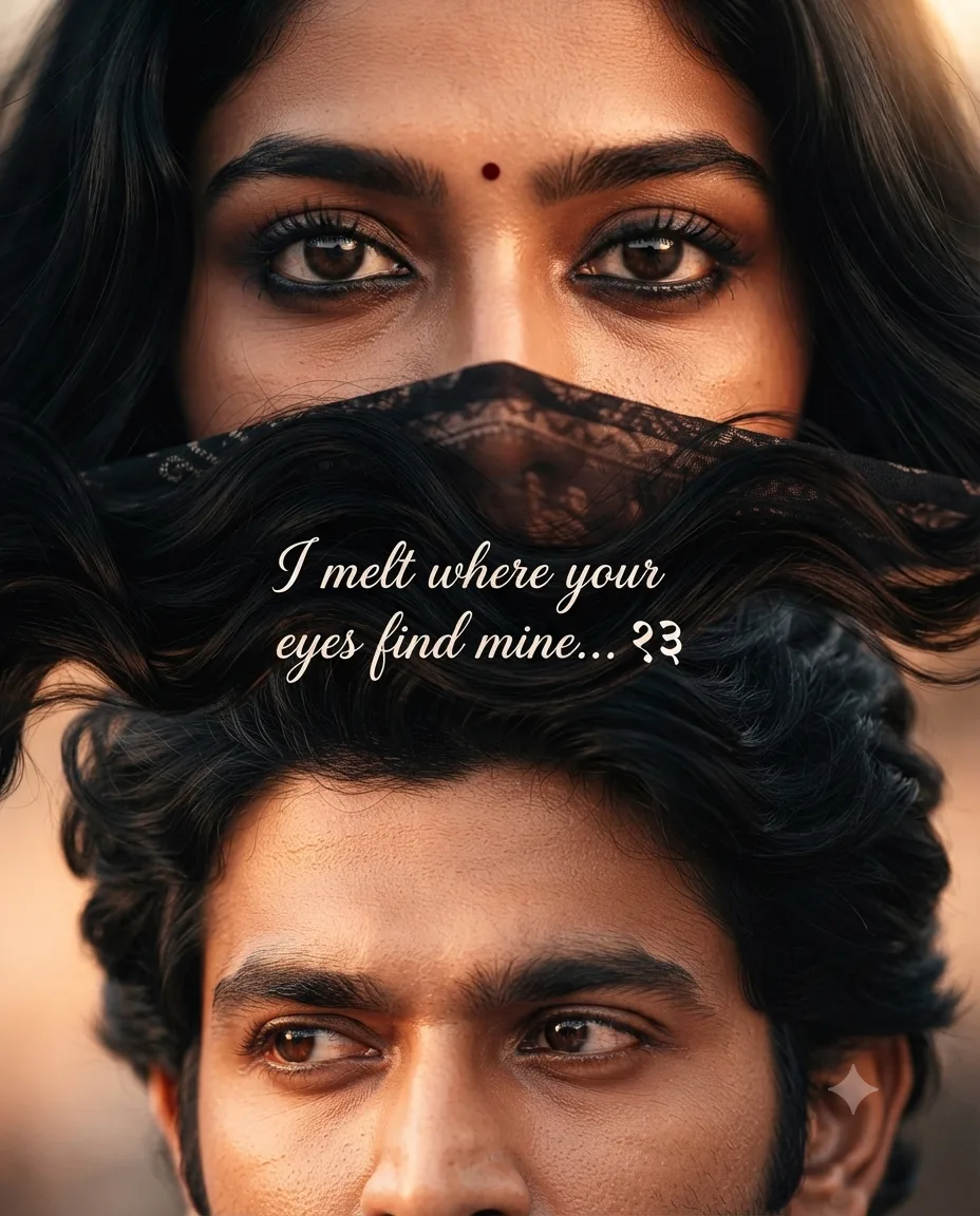 Top: extreme close-up of a beautiful South Indian woman's expressive dark-brown eyes, glossy highlights, bold kajal, long lashes, natural