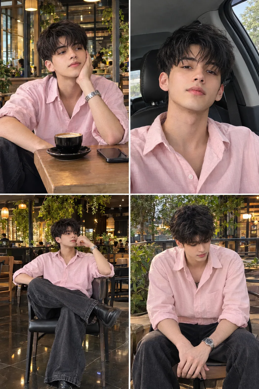 Ultra realistic photograph of a handsome young Indian man presented as a clean 2×2 four-panel lifestyle portrait collage, with the exact