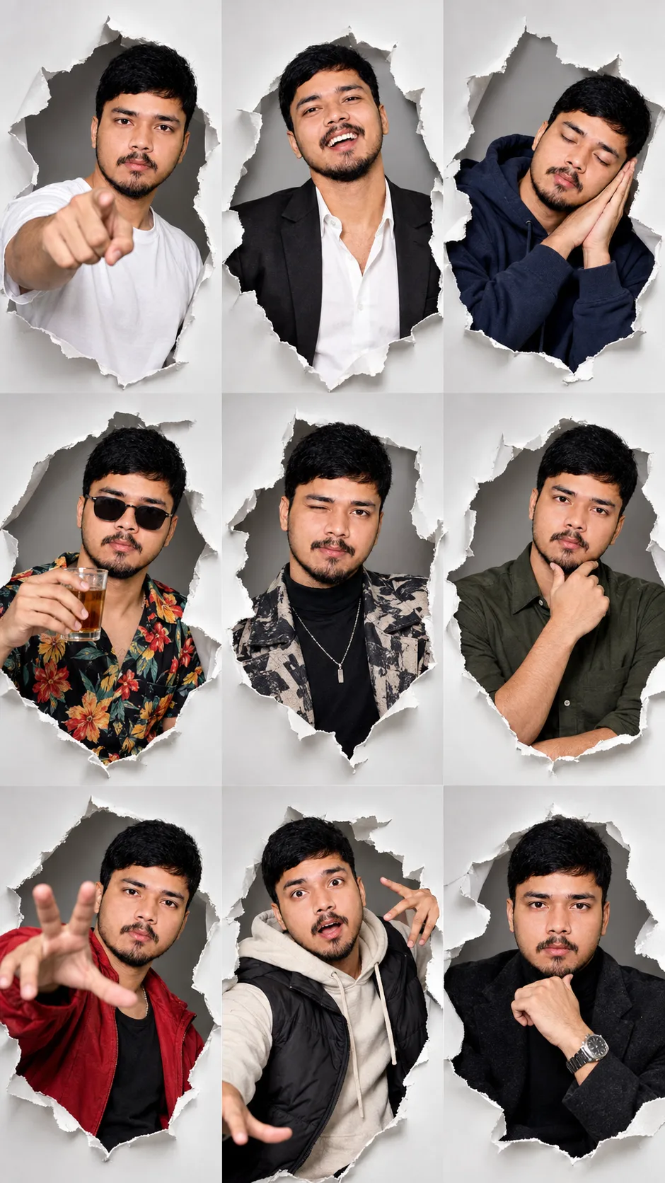 Generate a hyper-realistic, 9:16 studio-style collage featuring an adult man (facial match to the uploaded photo), set against a simple