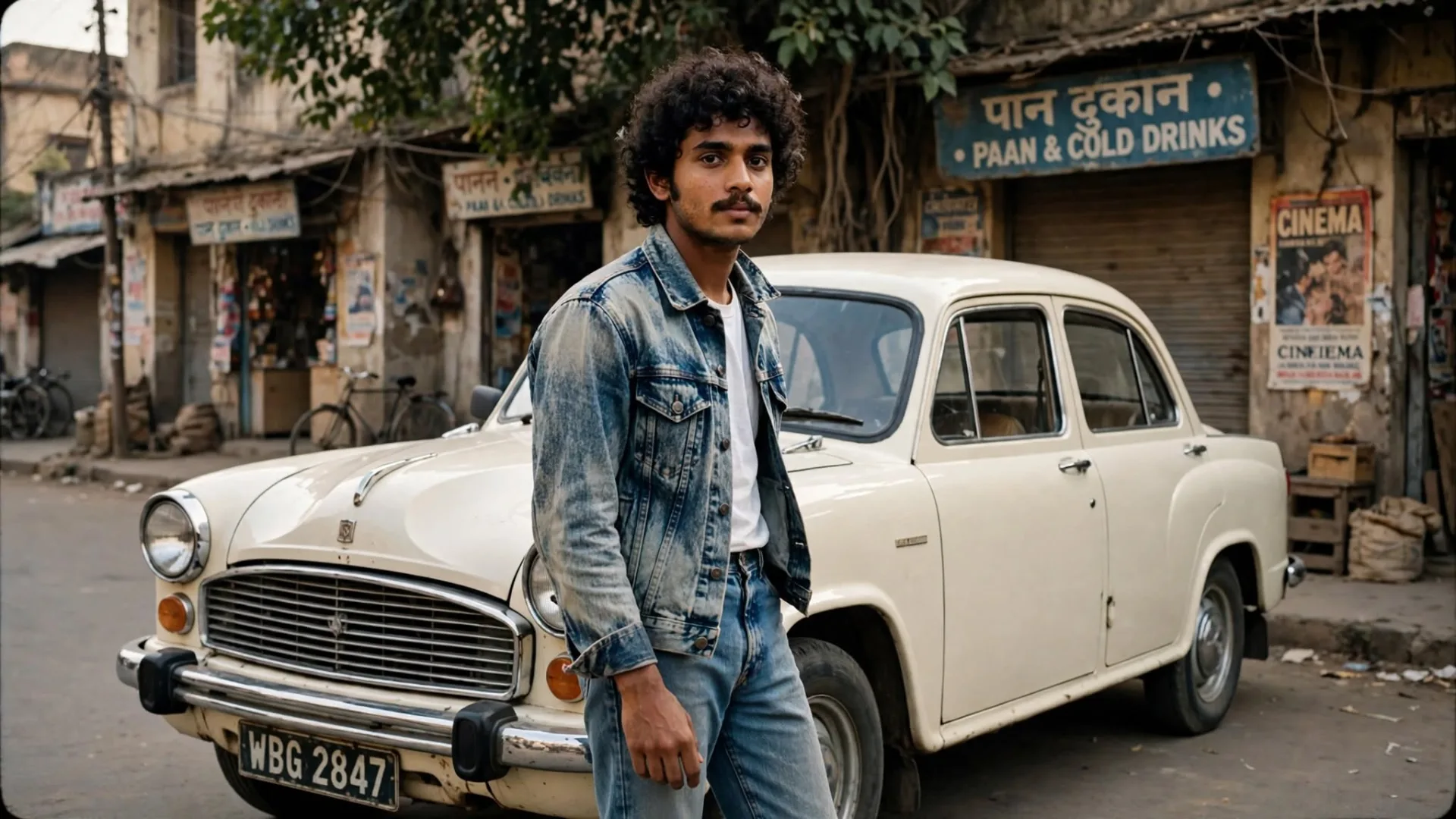 Original 1980s fashion portrait, young woman with curly ponytail wearing acid-wash denim jacket and high-waisted jeans, standing near