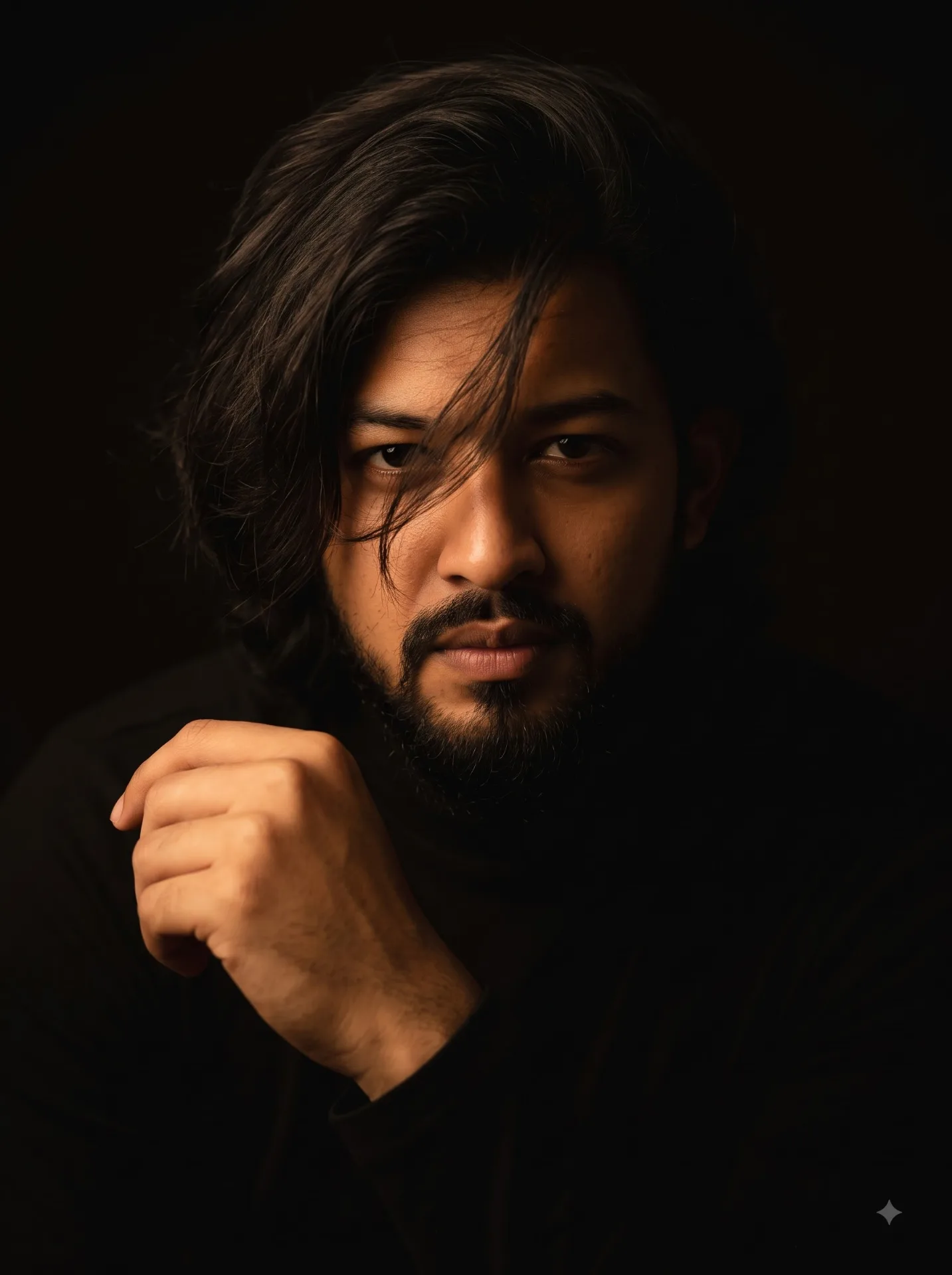 Ultra-realistic cinematic portrait of a man wearing an all-black outfit, standing against a completely dark black background.