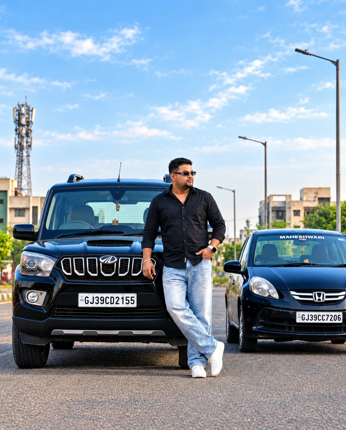 Create an ultra-realistic, high-end 4K/8K cinematic vertical portrait of a confident South Asian man standing casually in front of a glossy