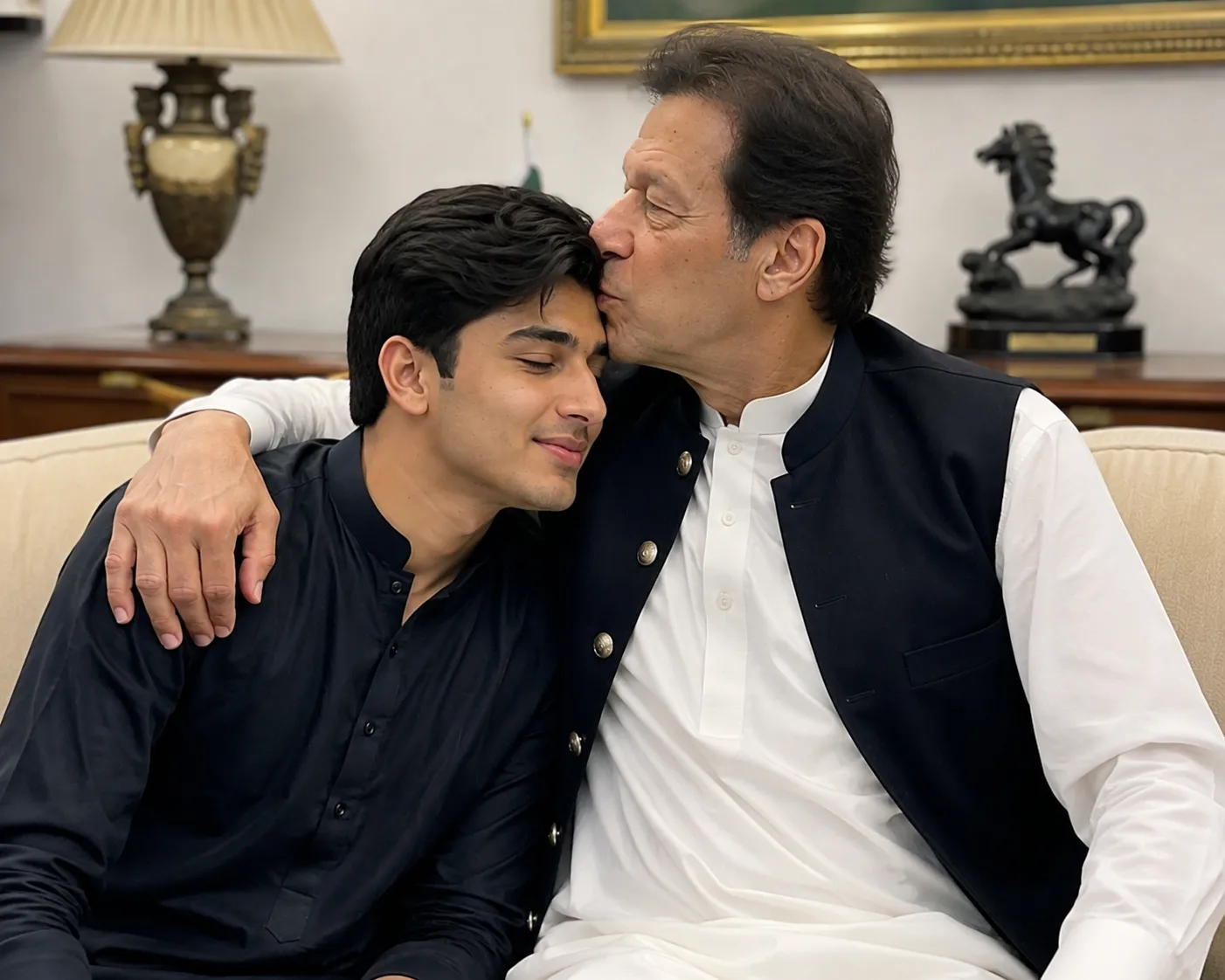 Create an ultra-photorealistic cinematic portrait of a young South Asian boy sitting beside **Imran Khan** in an elegant Pakistani-style