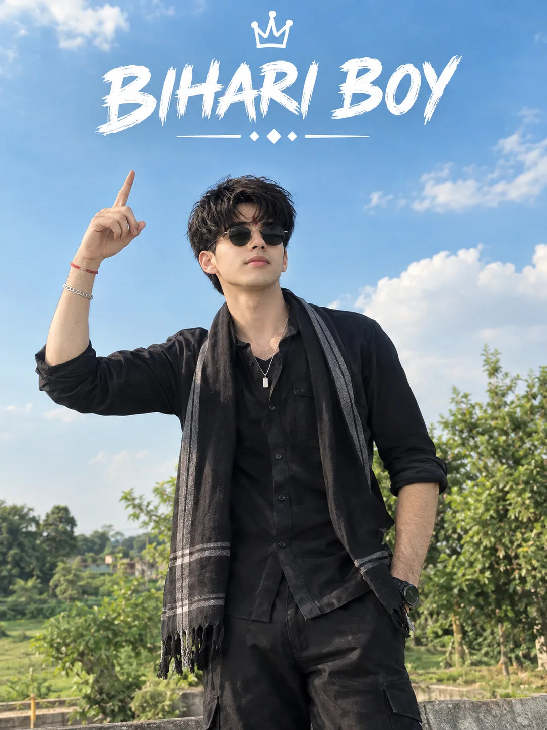 Ultra realistic photograph of a confident young Indian man standing outdoors beneath a vivid blue sky, surrounded by lush green trees and
