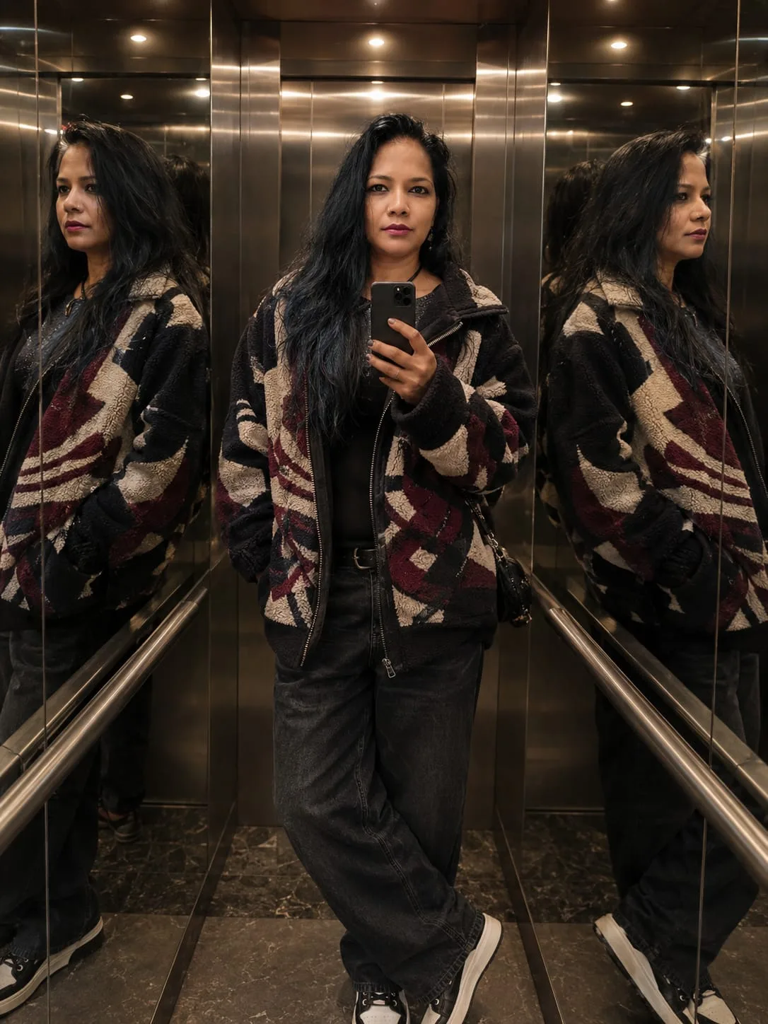 Create a photorealistic, 8K ultra-detailed, DSLR elevator mirror selfie.