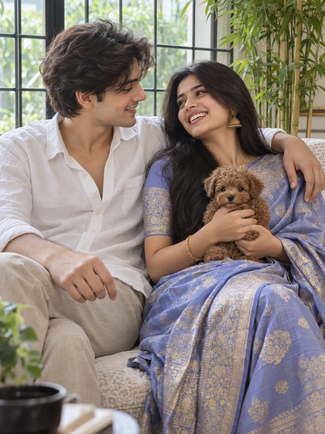 A highly realistic, cinematic medium shot of a young South Asian couple sitting together indoors, sharing a joyful and candid moment.