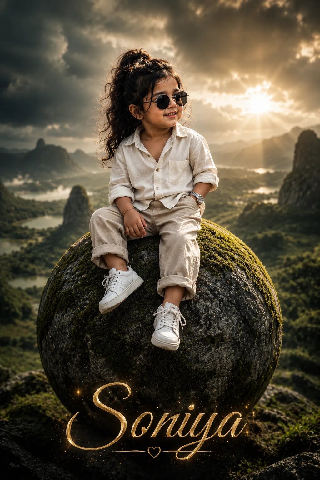 Authentic prompt @uk_ravi_hr A cinematic and surreal portrait of a baby girl sitting calmly on a massive moss-covered stone sphere in the