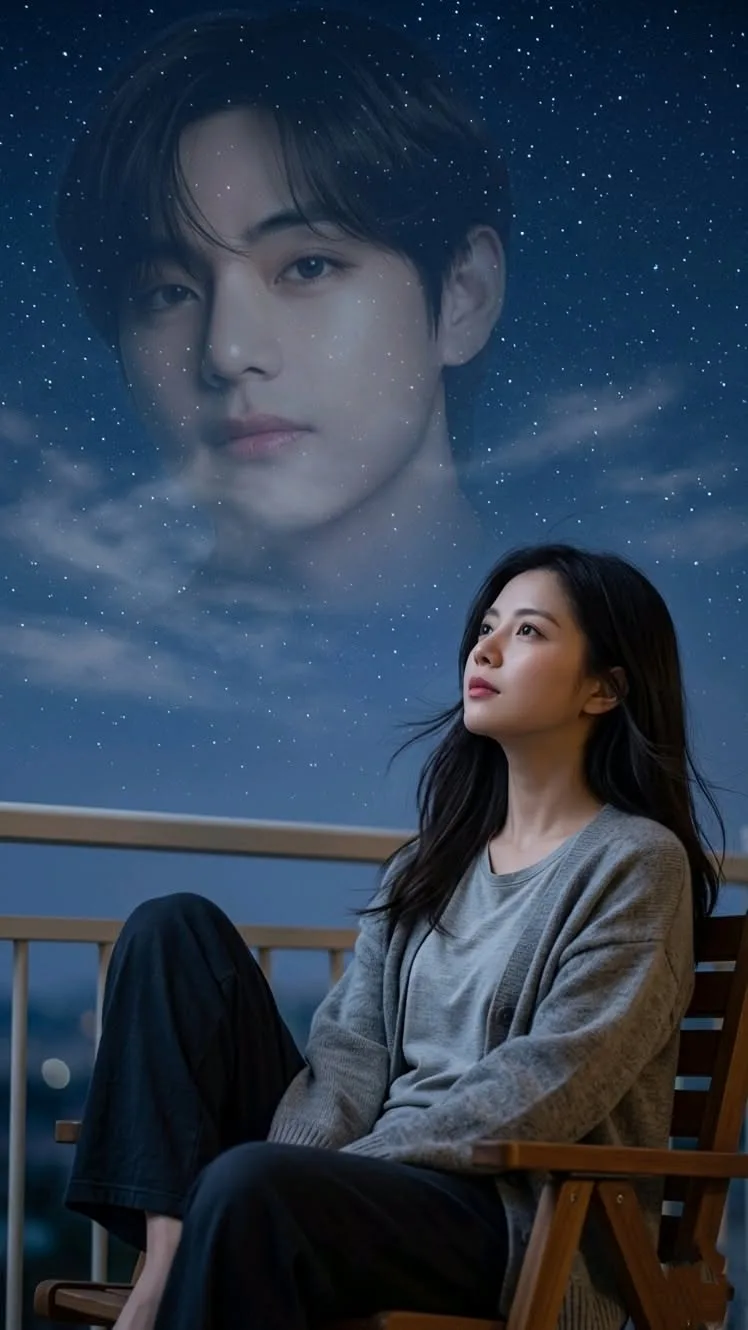 A beautiful, emotional conceptual fantasy double-exposure photograph capturing a young East Asian woman longing for her loved one under a