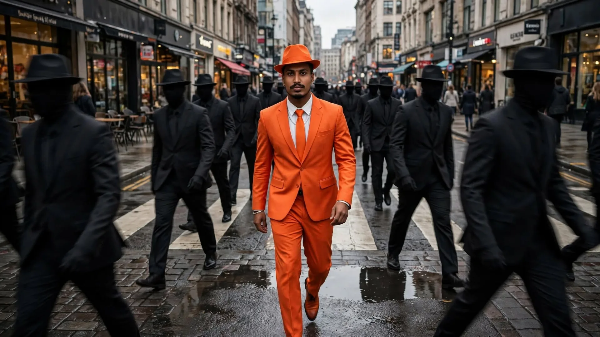 Cinematic portrait of a confident young Indian man wearing a bright orange suit, white shirt, orange tie and orange fedora hat, tipping his