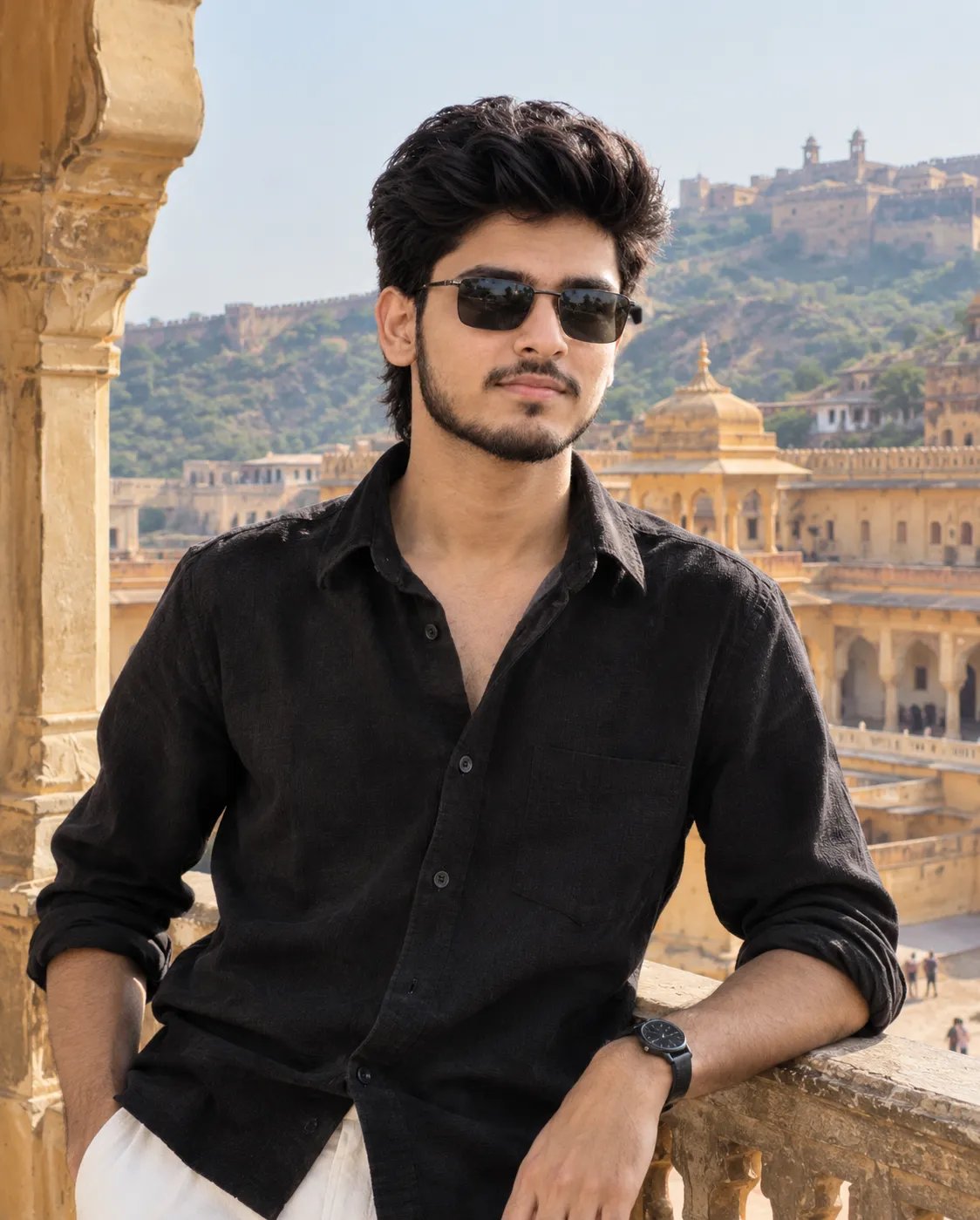 A stylish South Asian/ludian boy in his 18 year old slim body standing on a grand historic palace balcony at Amber Fort, Jaipur, Rajasthan.