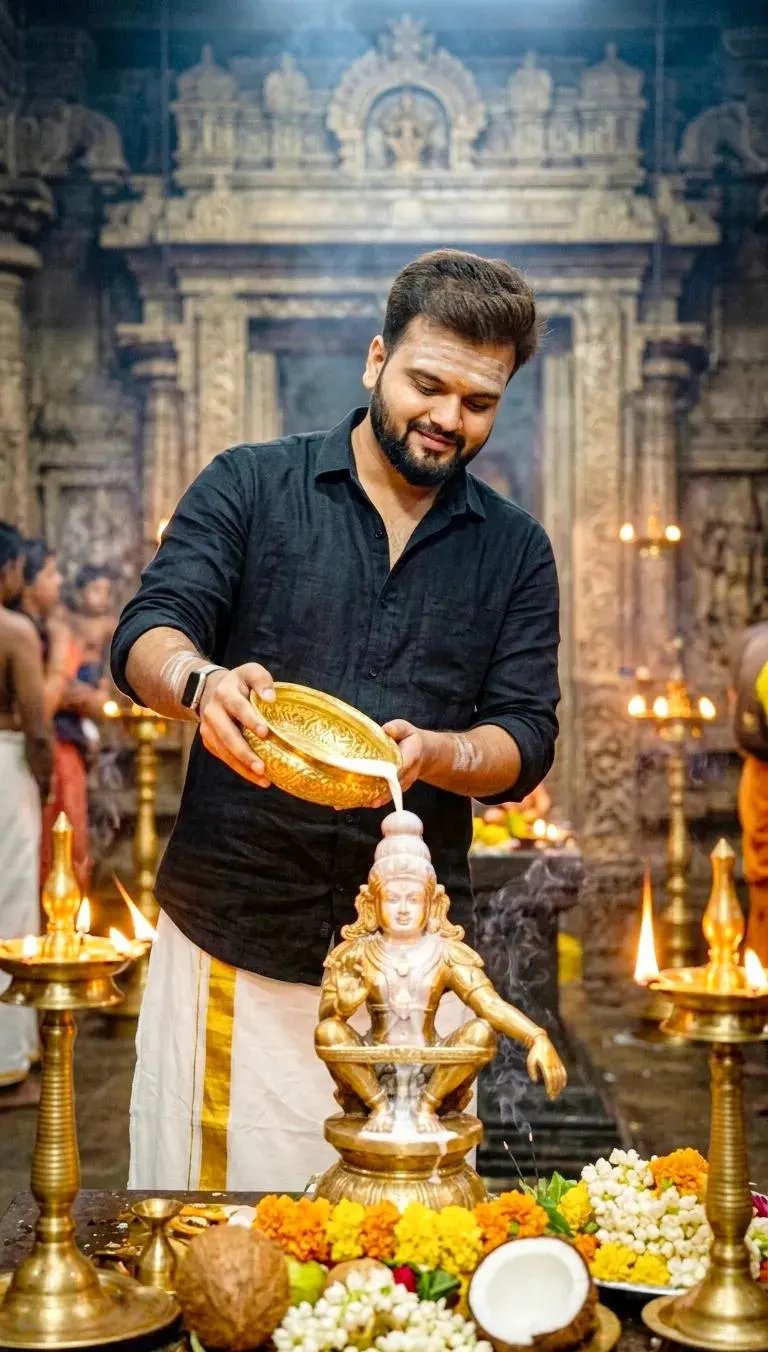 Indian man performs Abhishekam