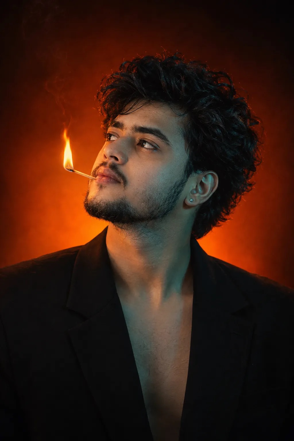 CREATIVE PORTRAIT PHOTOGRAPHY WITH FIRE POSE A (REFERENCE JAISA) ULTRA-REALISTIC STUDIO PORTRAIT, UPPER BODY IN SIDE PROFILE, A BKT MAN