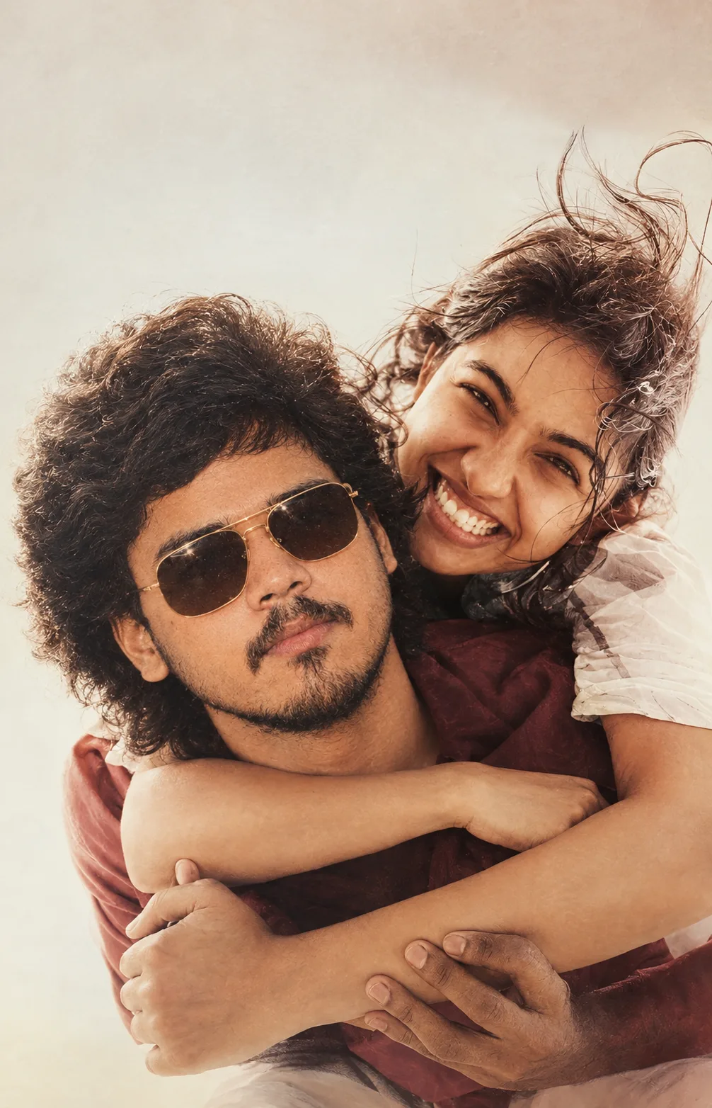 Create an ultra-realistic, warm-toned romantic portrait of a young couple in a close, playful embrace.