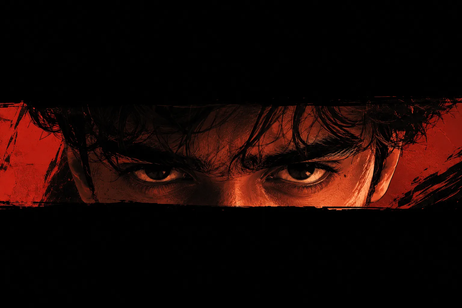 A cinematic poster-style artwork featuring an intense close-up of a man' eyes centered horizontally across the frame.