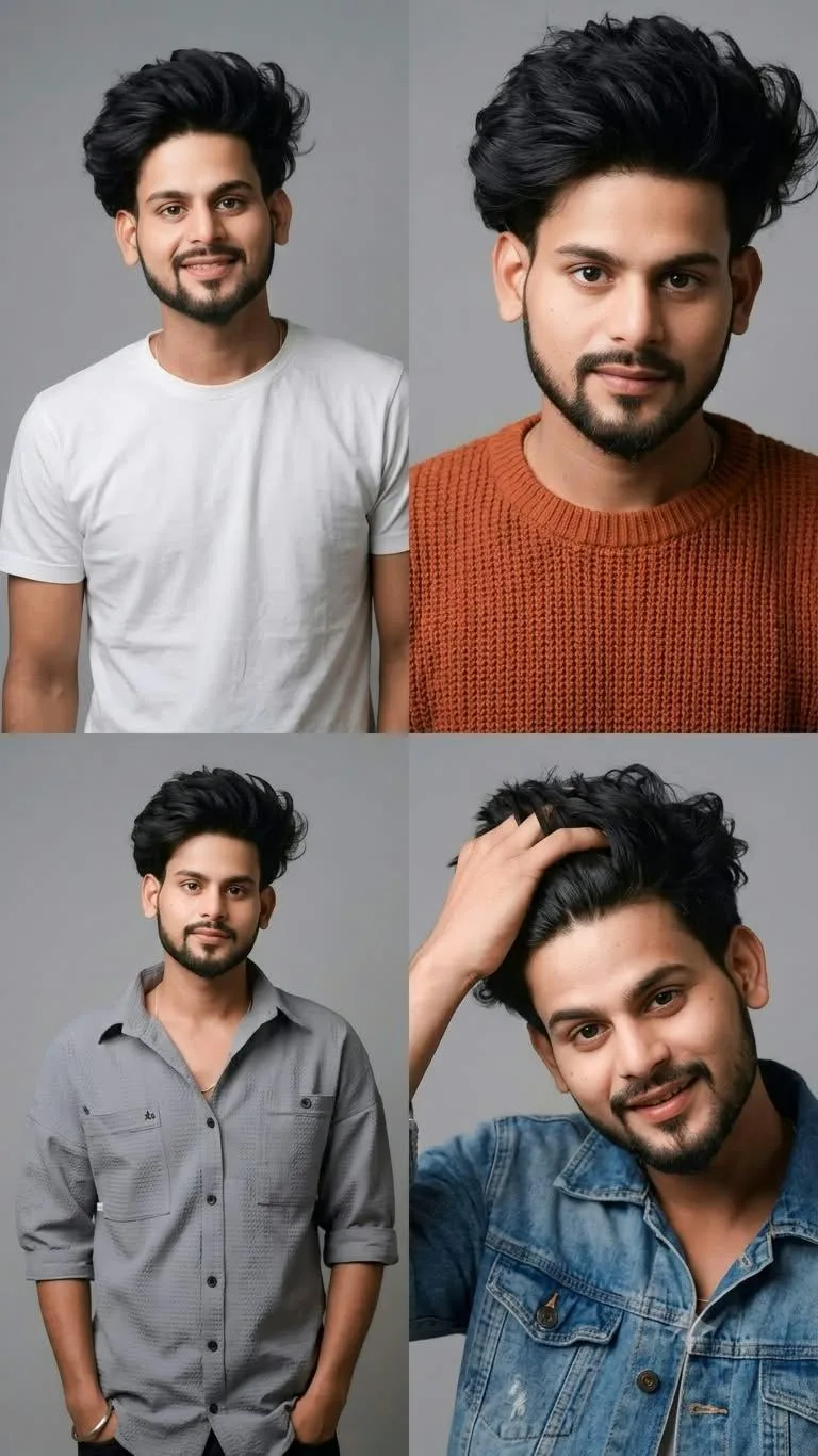 A cinematic multi-panel portrait layout featuring a handsome young man with tousled, messy hair and expressive eyes against a neutral