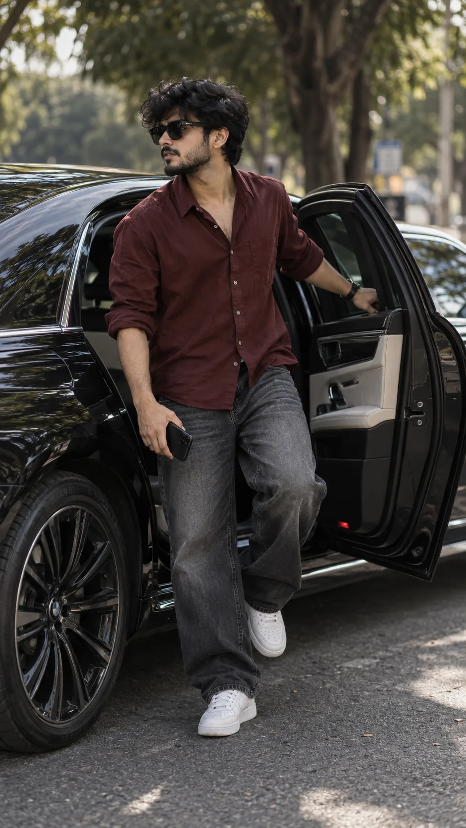 Cinematic street-style portrait of the man from the reference image, strictly preserving his exact facial features.