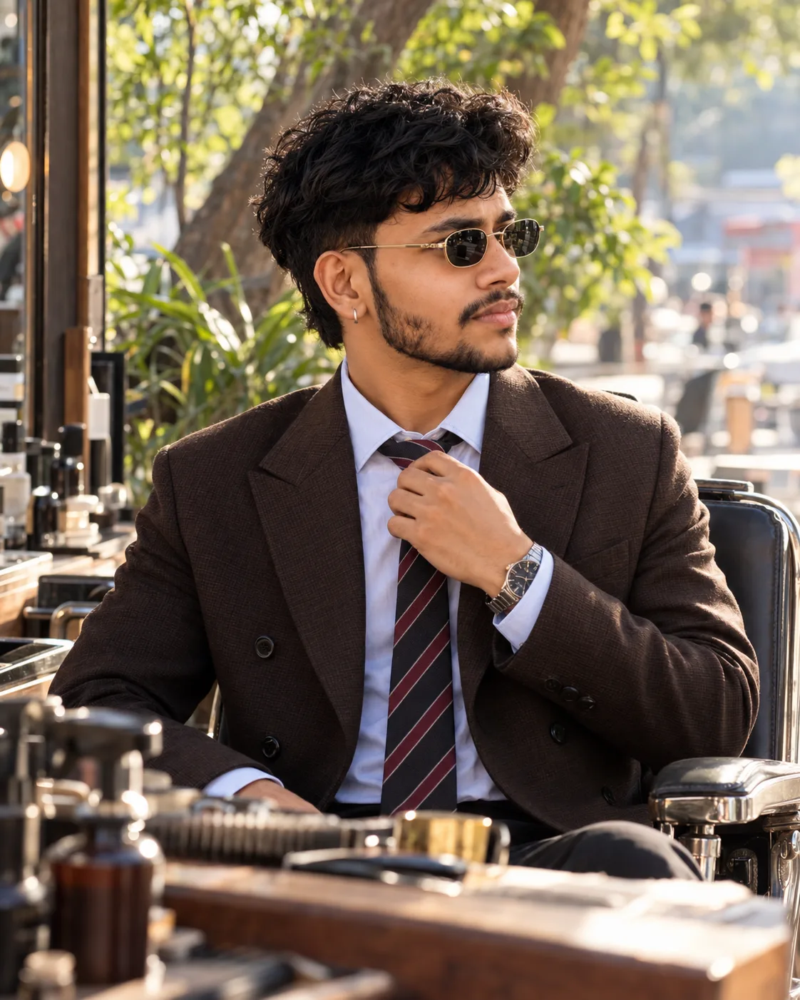 Ultra-realistic professional DSLR photograph of a young South Asian man seated at an outdoor café/barber-style workstation in bright