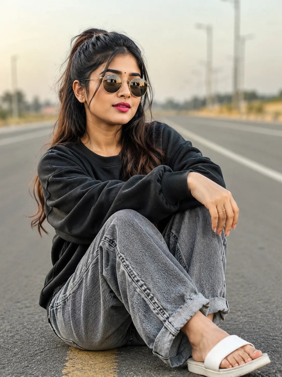ChatGptPrompt⤵️ Ultra-realistic cinematic portrait of a beautiful young South Asian woman sitting casually on the middle of an empty road