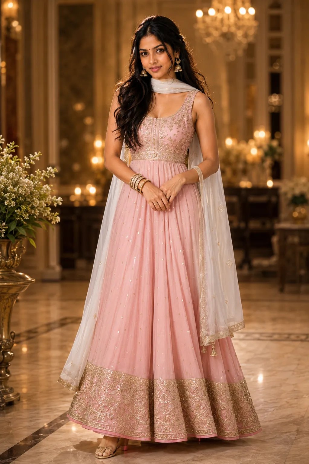 ✨✨ This Anarkali 💕💕🩷🩷 A high-quality, hyper-realistic full-body portrait of a beautiful South Asian woman with long, flowing dark hair