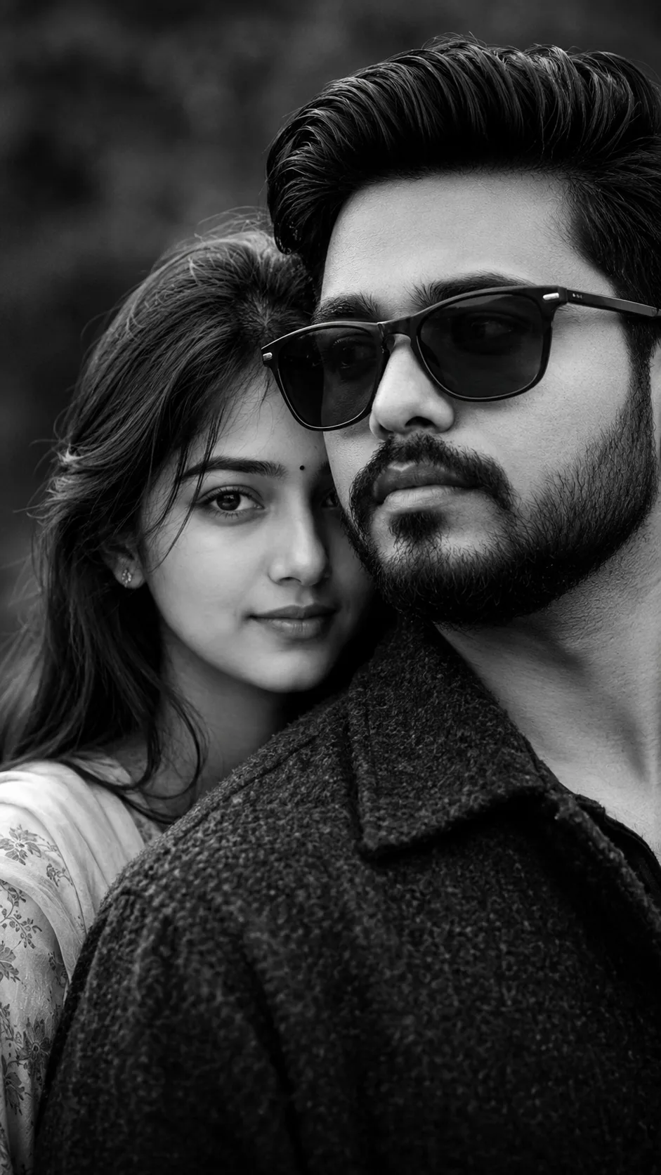 Create an ultra-realistic cinematic black-and-white portrait using our uploaded face photos as the PRIMARY IDENTITY REFERENCES and the