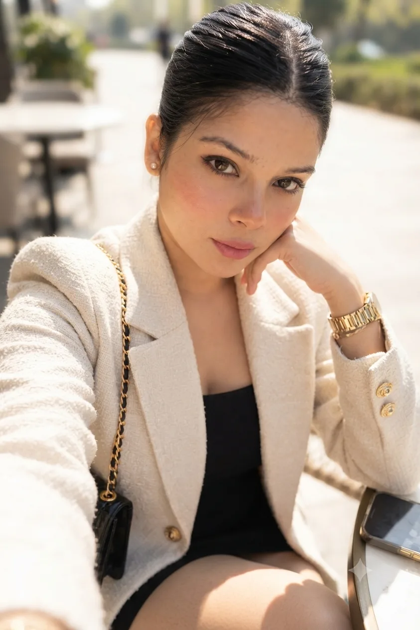 Sunny day selfie. Prompt: This photo shows an expressive female selfie, made in the style of a modern selfie with an emphasis on textures