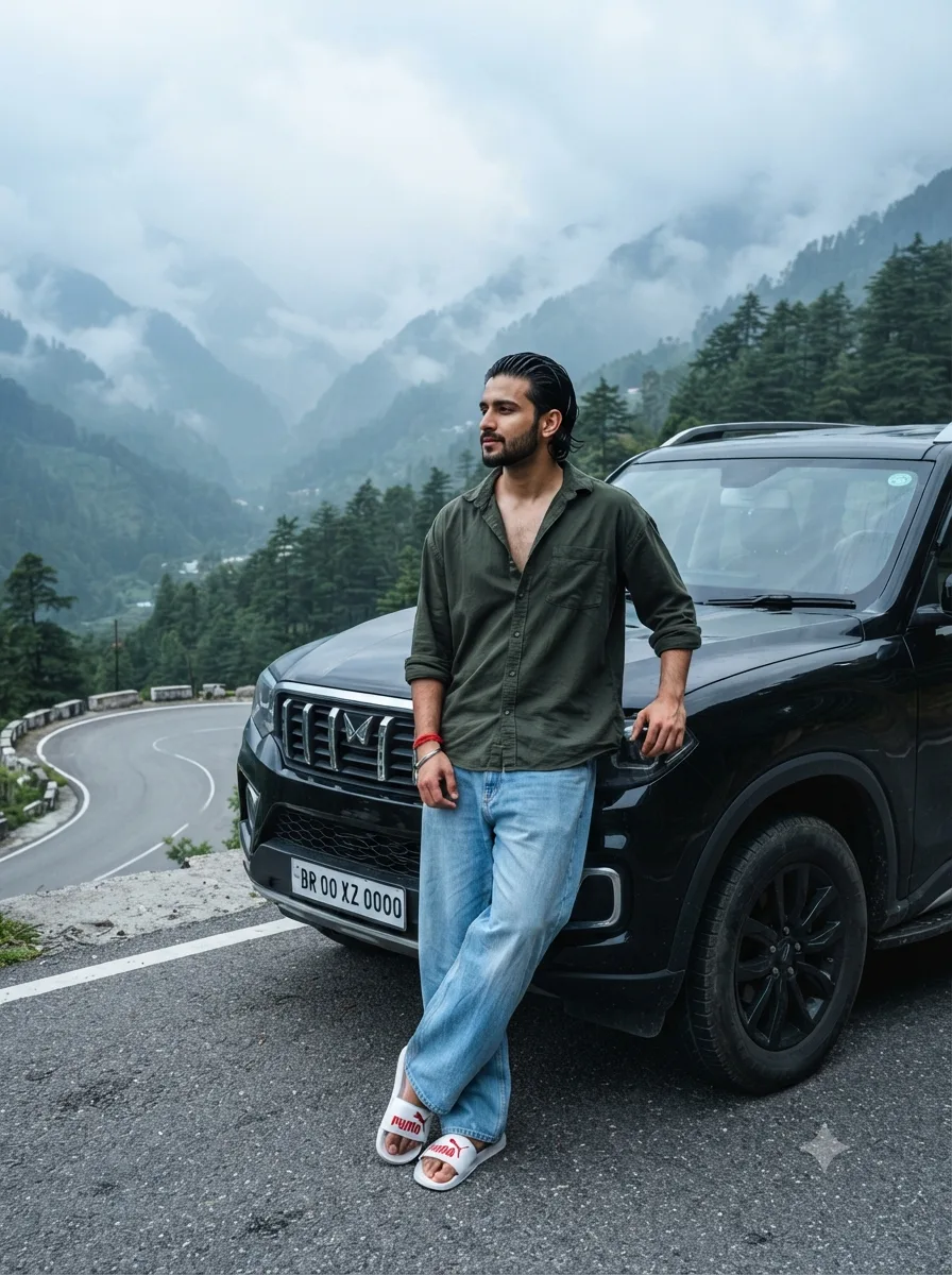 PHOTOREALISTIC FULL-BODY PORTRAIT OF A YOUNG INDIAN MAN IN HIS MID-20S, SHORT BEARD, MEDIUM-LENGTH WET-LOOK BLACK HAIR SLICKED BACK,