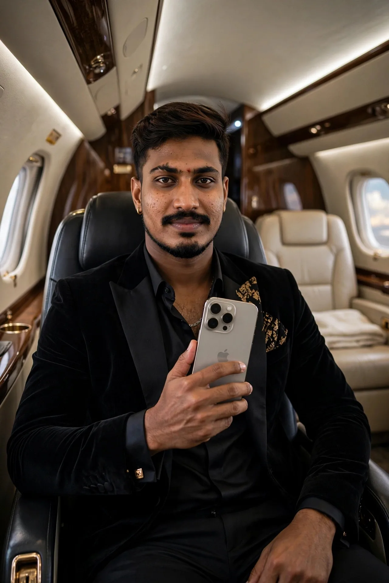 Same boy, same face, wearing expensive luxury outfit, sitting inside a private jet, holding iPhone 15 Pro Max, rich lifestyle, cinematic
