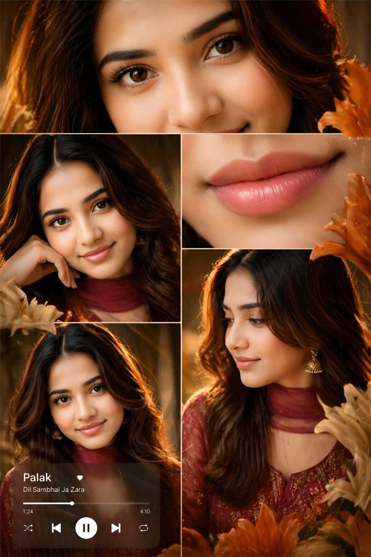A beautiful vertical aesthetic scrapbook photo collage featuring multiple asymmetric panels of a gorgeous young South Asian woman.