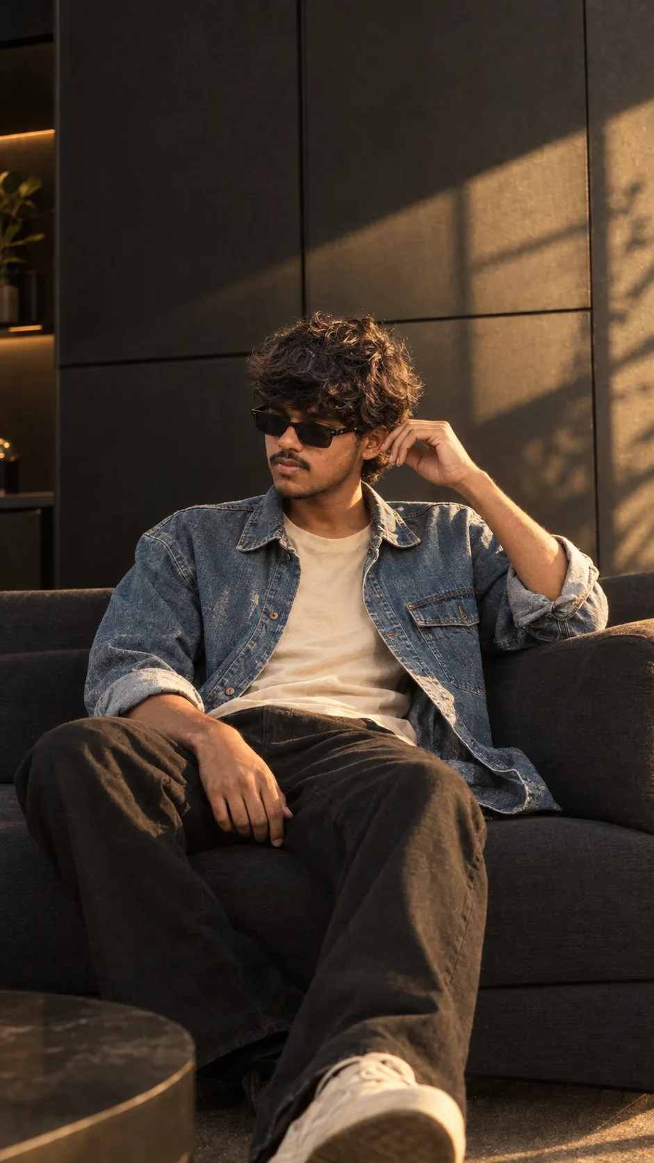 Ultra-realistic cinematic lifestyle portrait of a stylish young South Asian man sitting casually on a modern dark sofa, captured in warm
