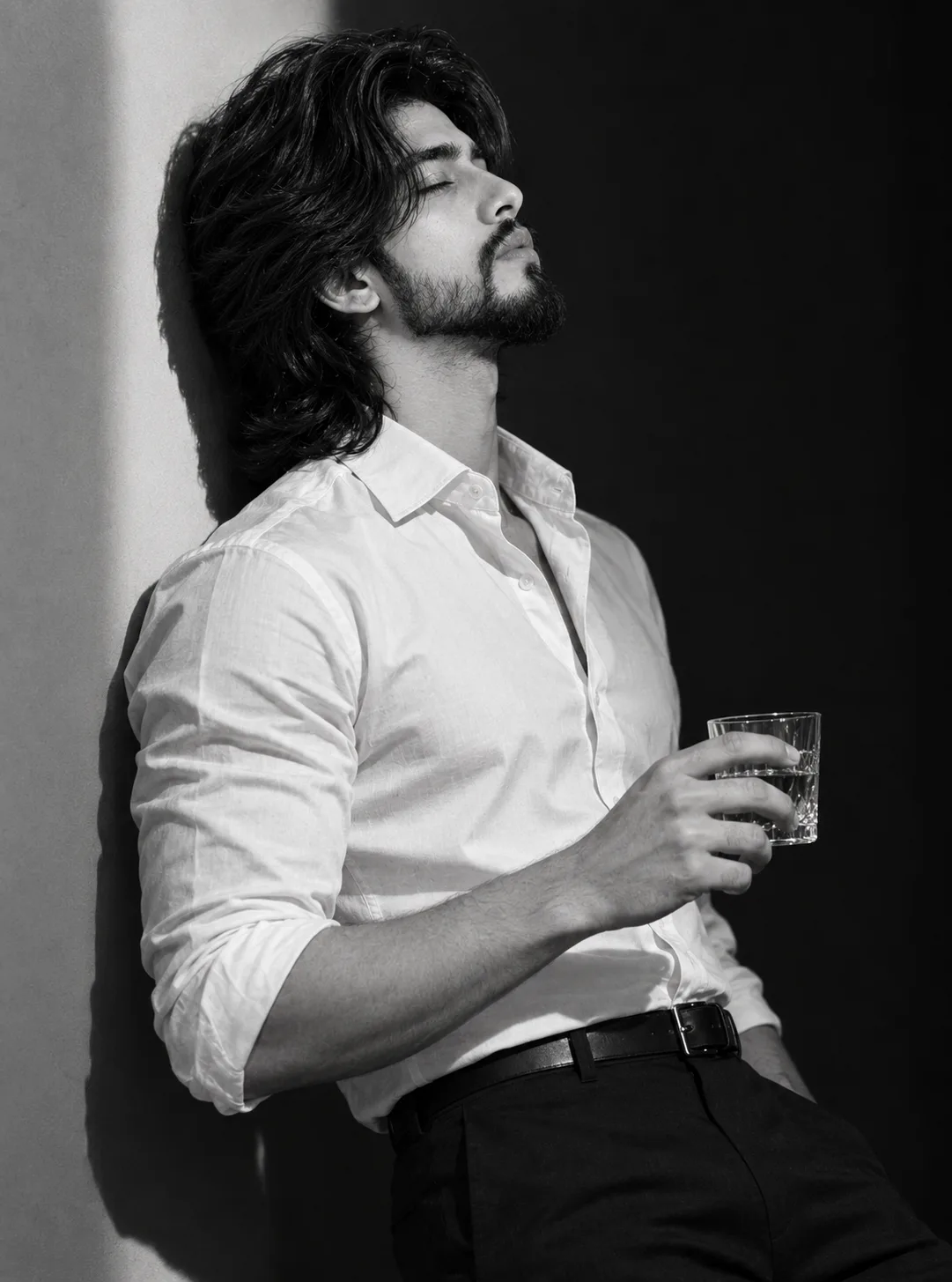 Generate a dramatic black and white photograph of a man in his late 20s or 30s.