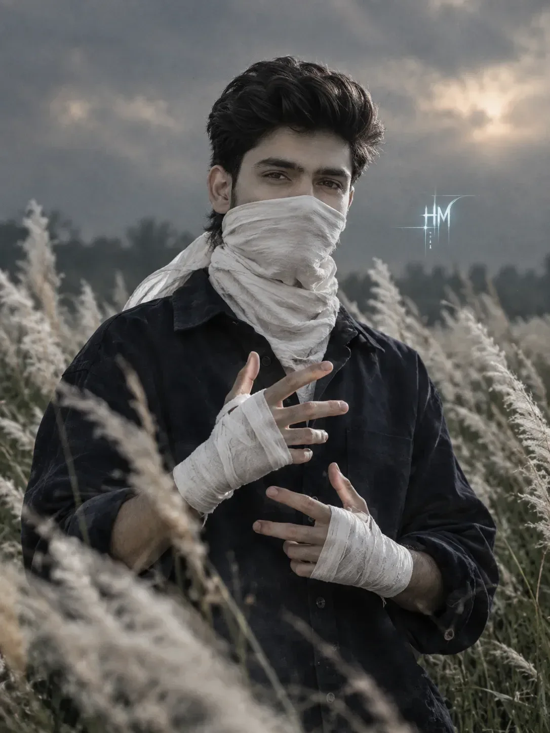 cinematic, dramatic medium shot of a boy in his 18 year old slim body standing amidst a dense field of tall white kans grass (kash phool).