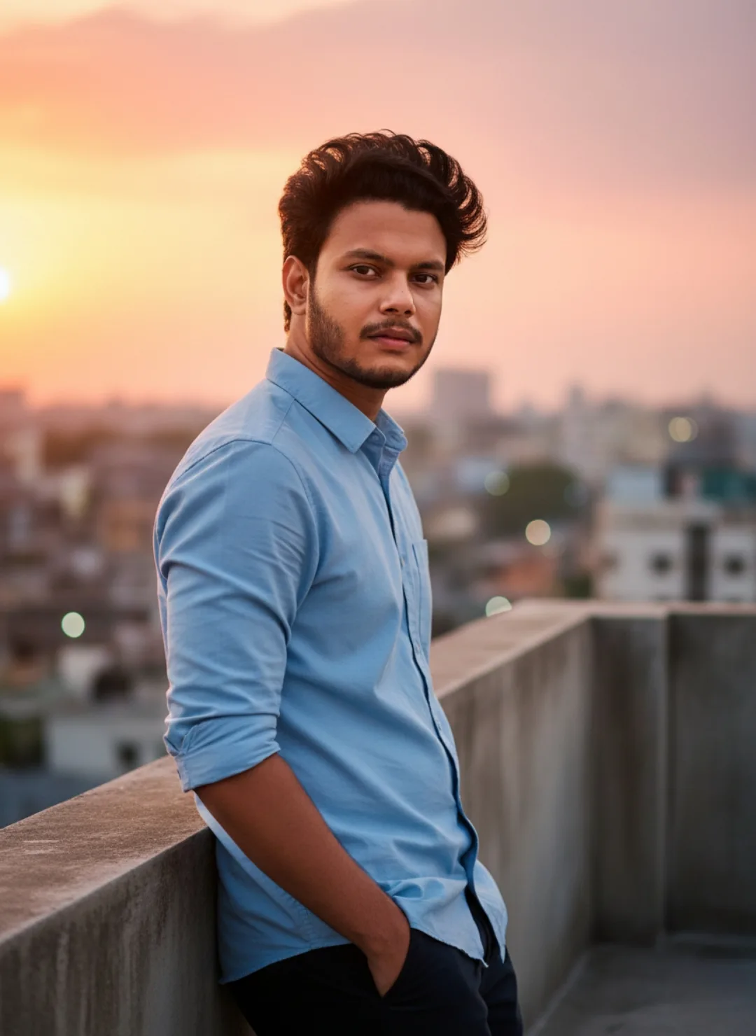 * Subject Identity & Features: A 26-year-old Indian male, height 5 feet 5 inches, with short styled dark hair, a neatly trimmed beard, and