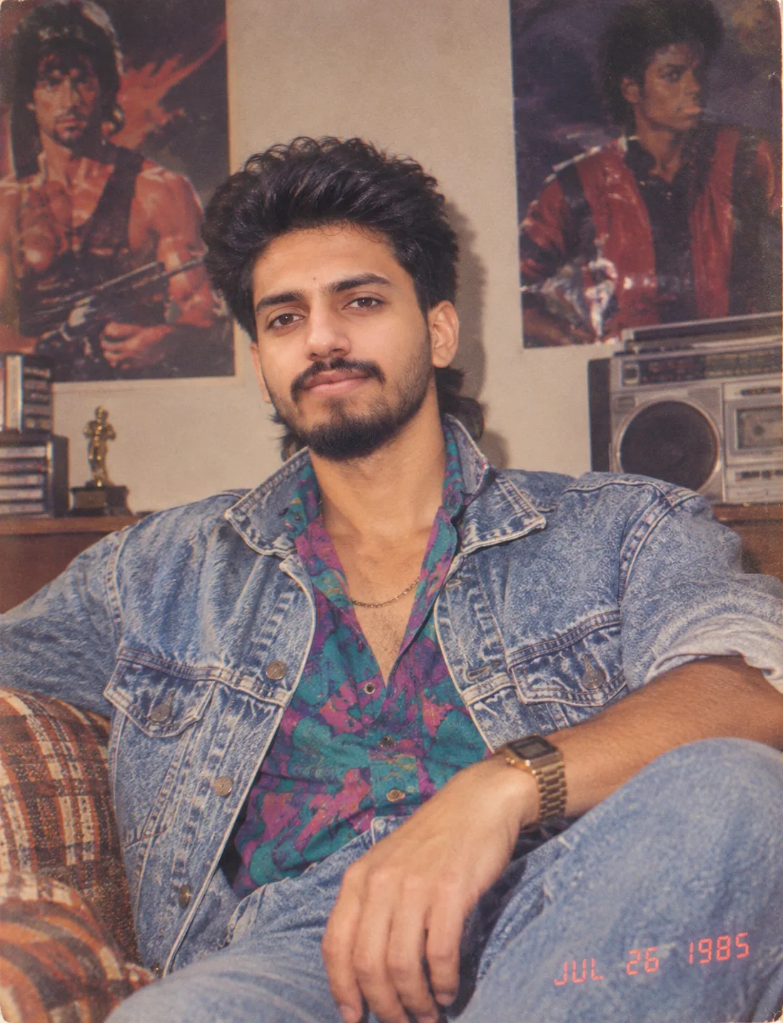 Using my uploaded photo, show me what I would have looked like around 1985.
