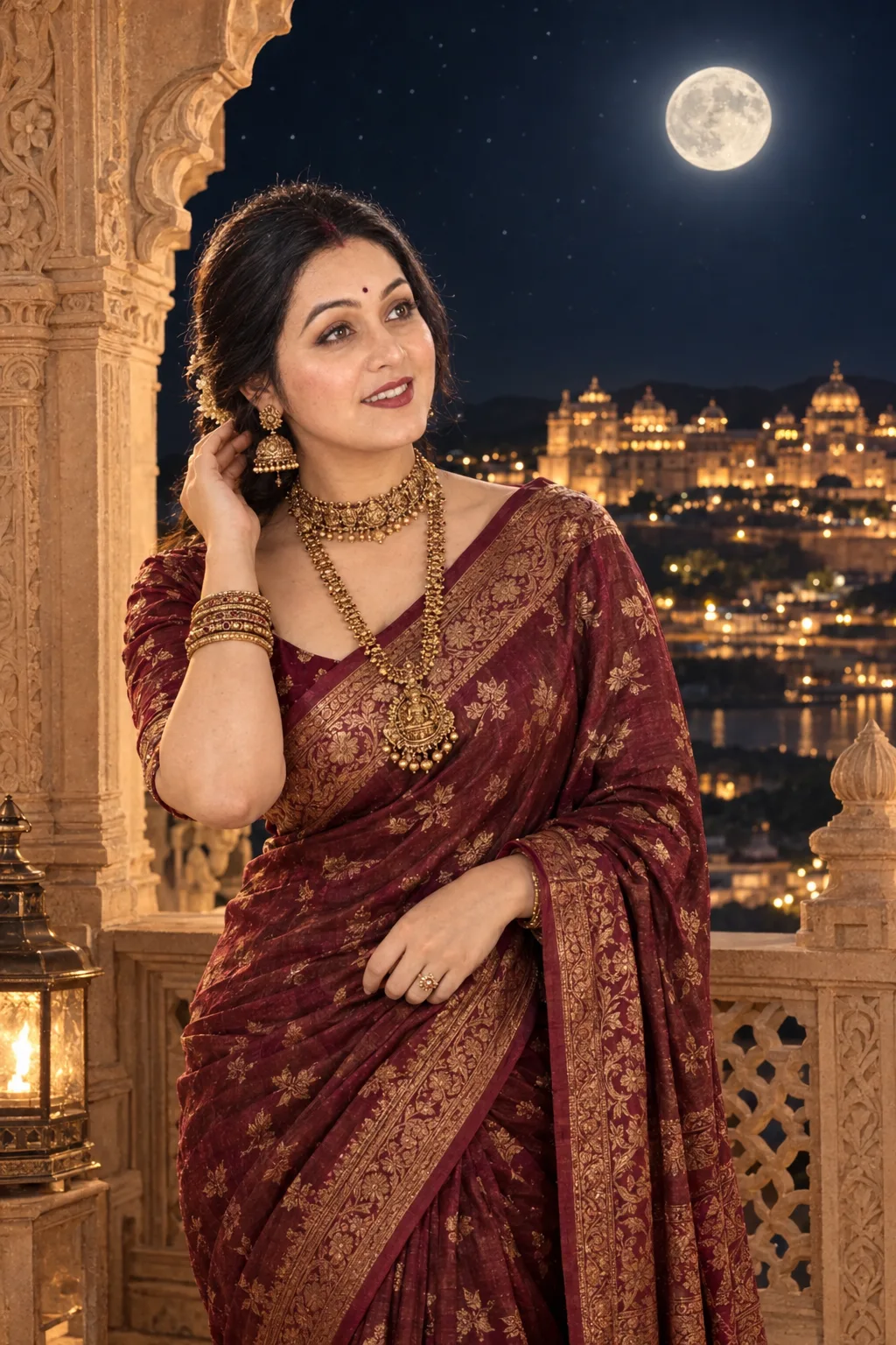 Cinematic medium shot of an elegant Indian woman in her late 20s with glowing dusky skin, standing on a carved sandstone palace balcony